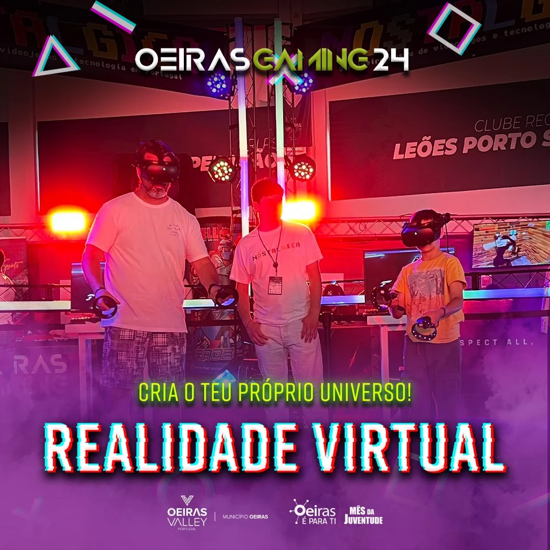 Campanha Oeiras Gaming com fotografia de participantes numa experiência de realidade virtual